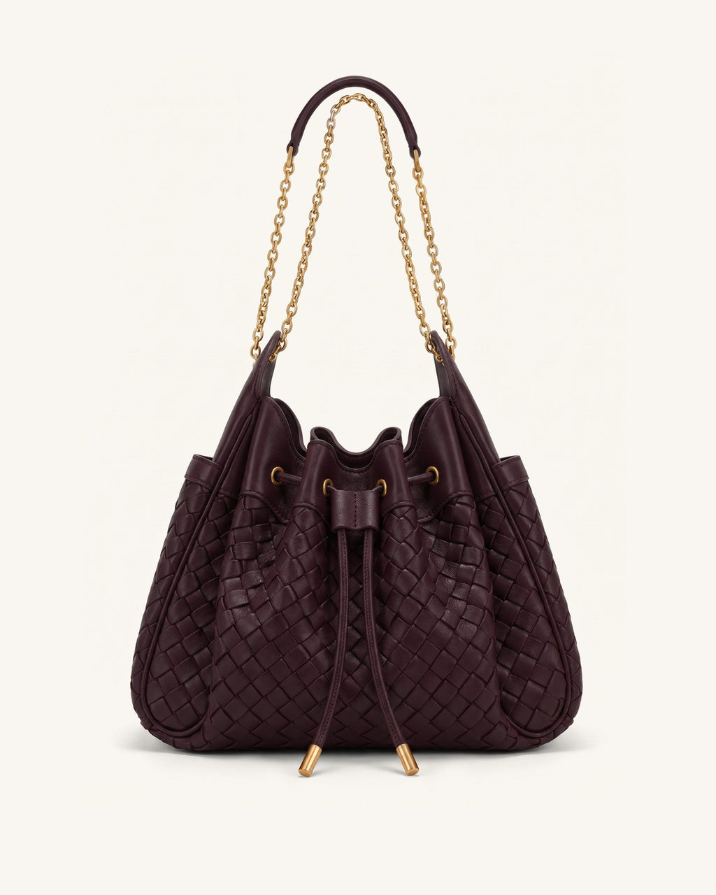 Rowan Weaving Ruched Drawstring Chain Bucket Bag - Dark Cherry