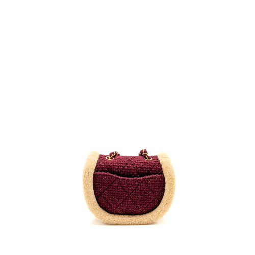 22K MINI MESSENGER FLAP BAG SHEARLING/TWEED BURGUNDY/BEIGE GHW (MICROCHIP)